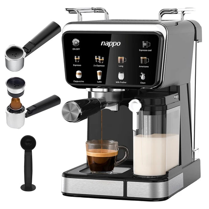 Cafetera nарро 9 en 1 Espresso Barista Craft 1350W Bomba Italiana 20BAR, Calentamiento Rápido Thermoblock, Depósito Leche 0.5L Depósito Agua 1,5L Panel Táctil, para Café de Filtro y Cápsulas de Nespresso